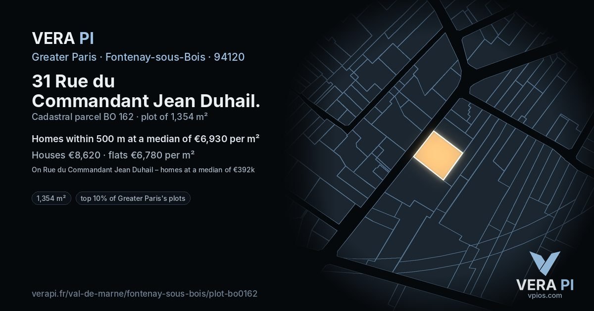 31 Rue du Commandant Jean Duhail, Fontenay-sous-Bois at night – the plot lit, the parcels around coloured by the prices near them