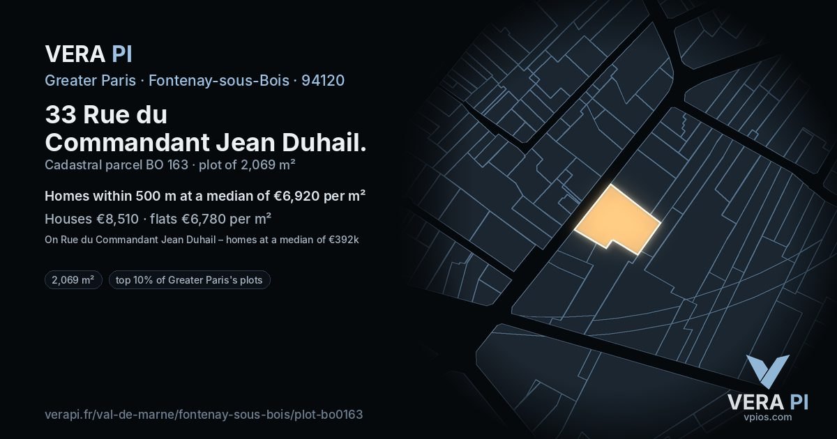 33 Rue du Commandant Jean Duhail, Fontenay-sous-Bois at night – the plot lit, the parcels around coloured by the prices near them