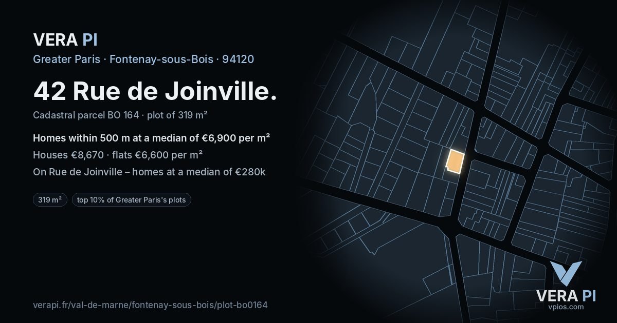 42 Rue de Joinville, Fontenay-sous-Bois at night – the plot lit, the parcels around coloured by the prices near them