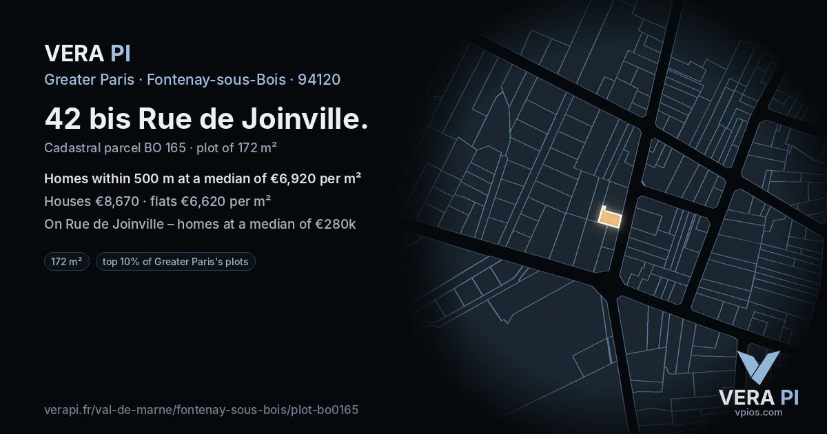 42 bis Rue de Joinville, Fontenay-sous-Bois at night – the plot lit, the parcels around coloured by the prices near them