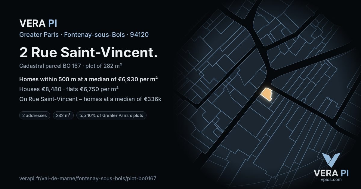 2 Rue Saint-Vincent, Fontenay-sous-Bois at night – the plot lit, the parcels around coloured by the prices near them