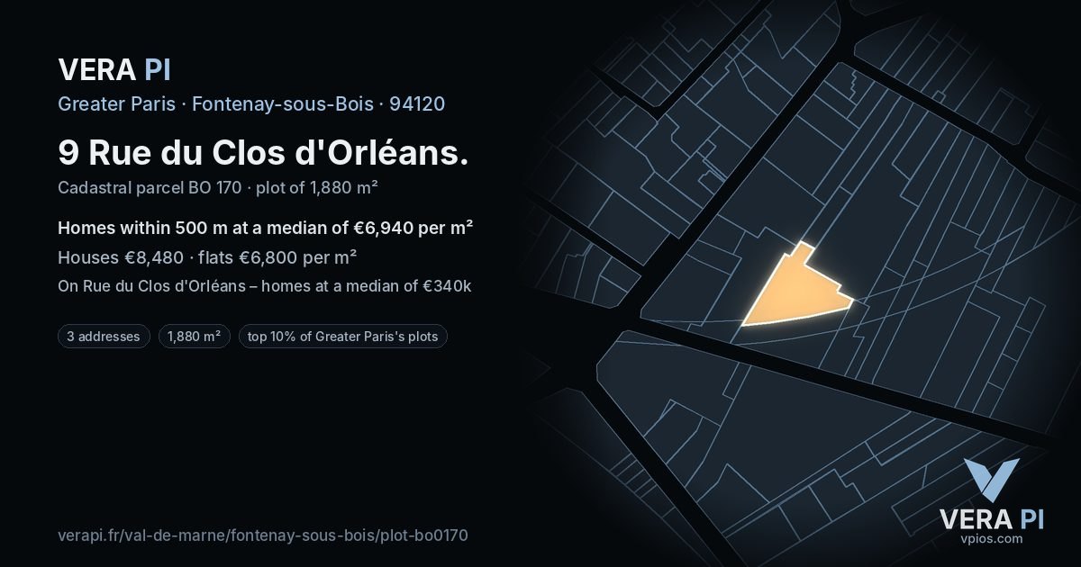 9 Rue du Clos d'Orléans, Fontenay-sous-Bois at night – the plot lit, the parcels around coloured by the prices near them