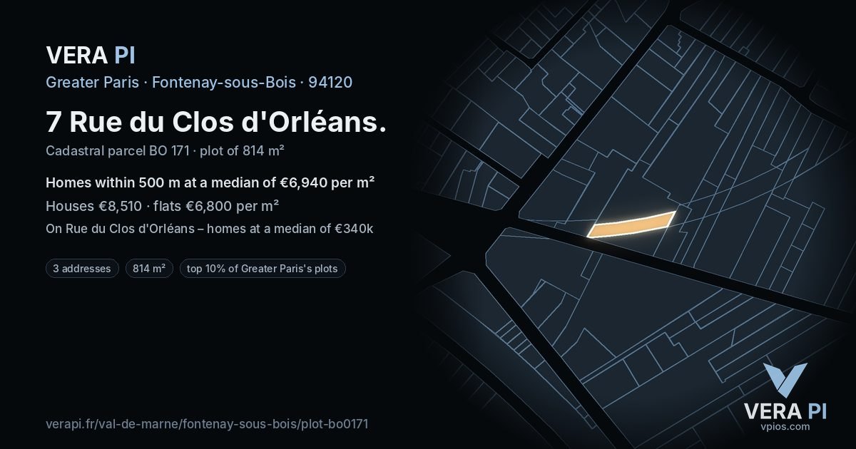 7 Rue du Clos d'Orléans, Fontenay-sous-Bois at night – the plot lit, the parcels around coloured by the prices near them