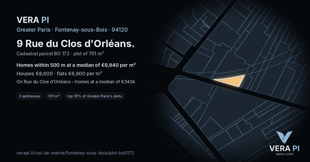 9 Rue du Clos d'Orléans, Fontenay-sous-Bois at night – the plot lit, the parcels around coloured by the prices near them