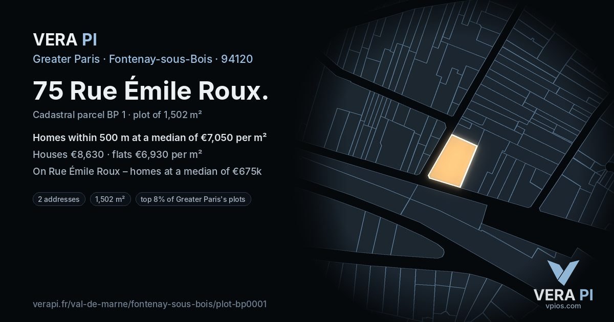 75 Rue Émile Roux, Fontenay-sous-Bois at night – the plot lit, the parcels around coloured by the prices near them
