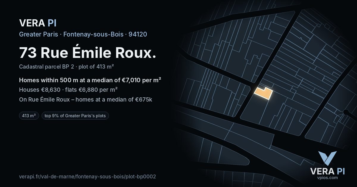73 Rue Émile Roux, Fontenay-sous-Bois at night – the plot lit, the parcels around coloured by the prices near them