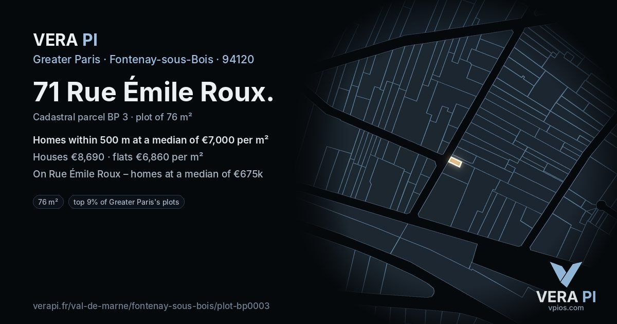 71 Rue Émile Roux, Fontenay-sous-Bois at night – the plot lit, the parcels around coloured by the prices near them