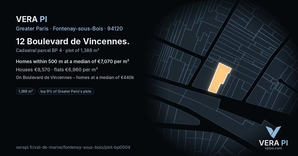 12 Boulevard de Vincennes, Fontenay-sous-Bois at night – the plot lit, the parcels around coloured by the prices near them