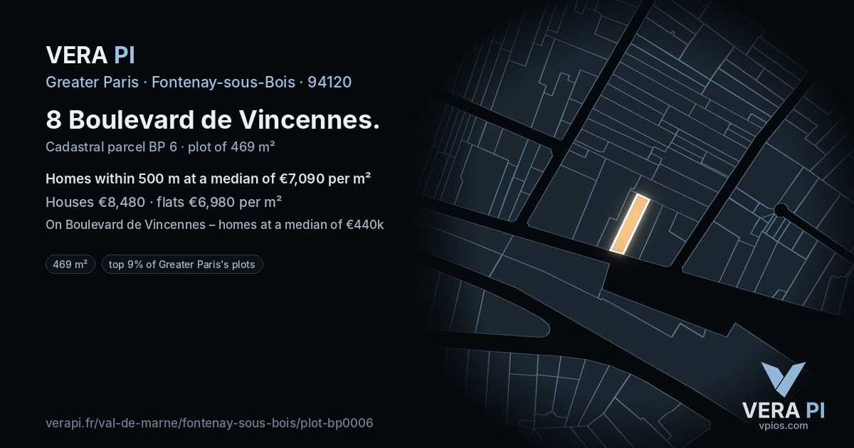 8 Boulevard de Vincennes, Fontenay-sous-Bois at night – the plot lit, the parcels around coloured by the prices near them