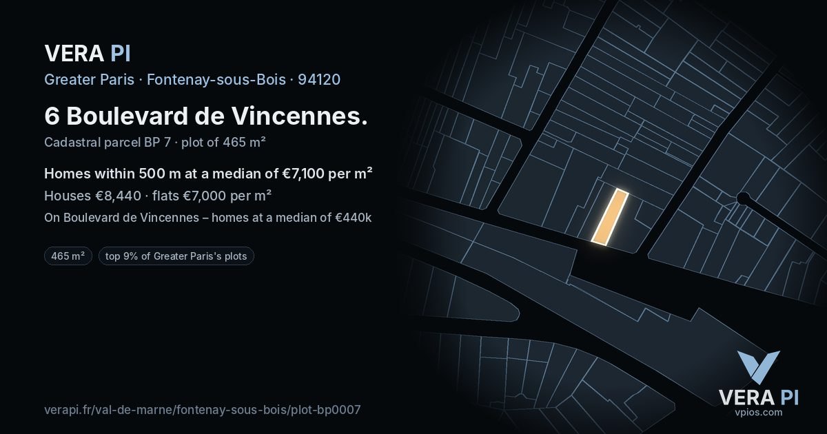 6 Boulevard de Vincennes, Fontenay-sous-Bois at night – the plot lit, the parcels around coloured by the prices near them