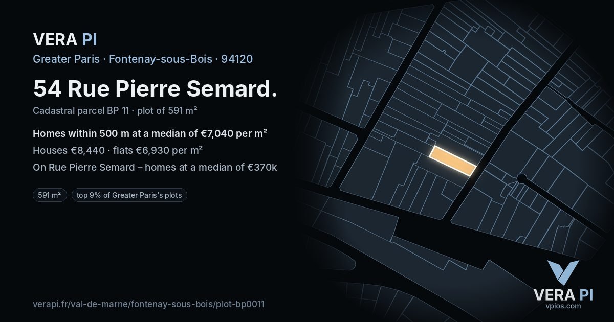 54 Rue Pierre Semard, Fontenay-sous-Bois at night – the plot lit, the parcels around coloured by the prices near them