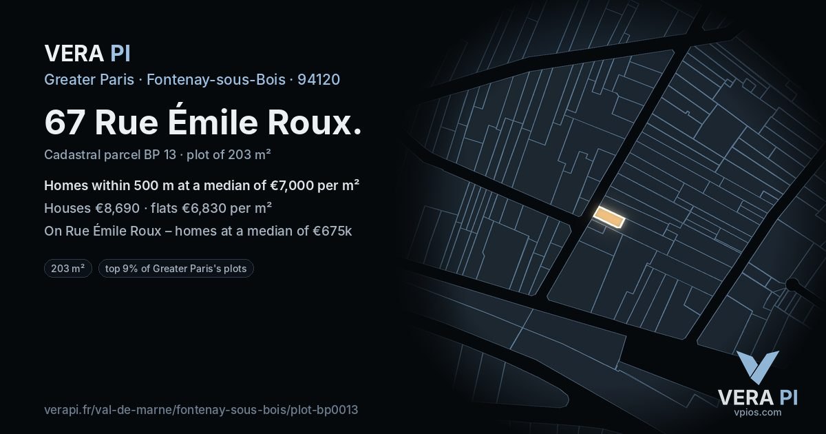 67 Rue Émile Roux, Fontenay-sous-Bois at night – the plot lit, the parcels around coloured by the prices near them
