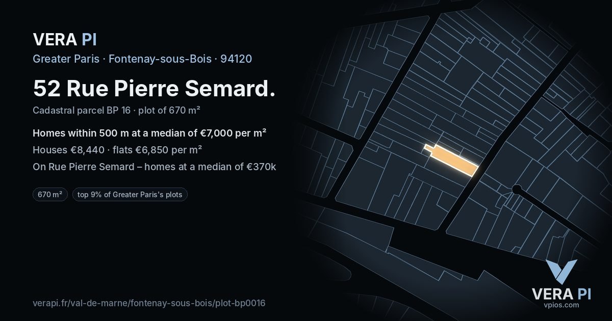 52 Rue Pierre Semard, Fontenay-sous-Bois at night – the plot lit, the parcels around coloured by the prices near them