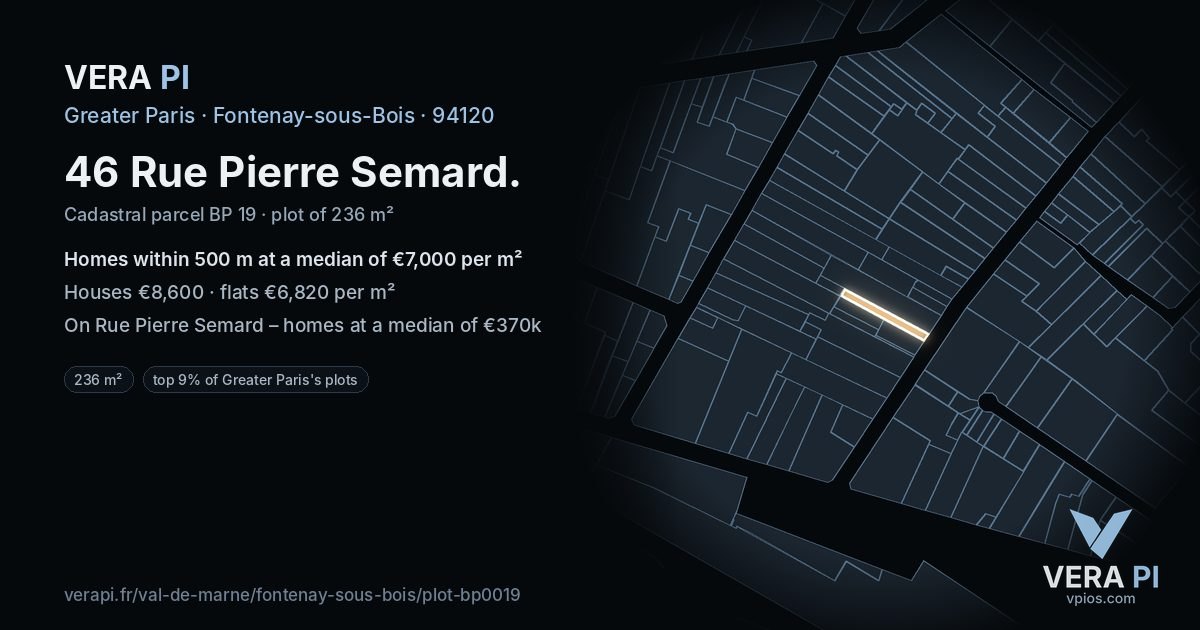 46 Rue Pierre Semard, Fontenay-sous-Bois at night – the plot lit, the parcels around coloured by the prices near them