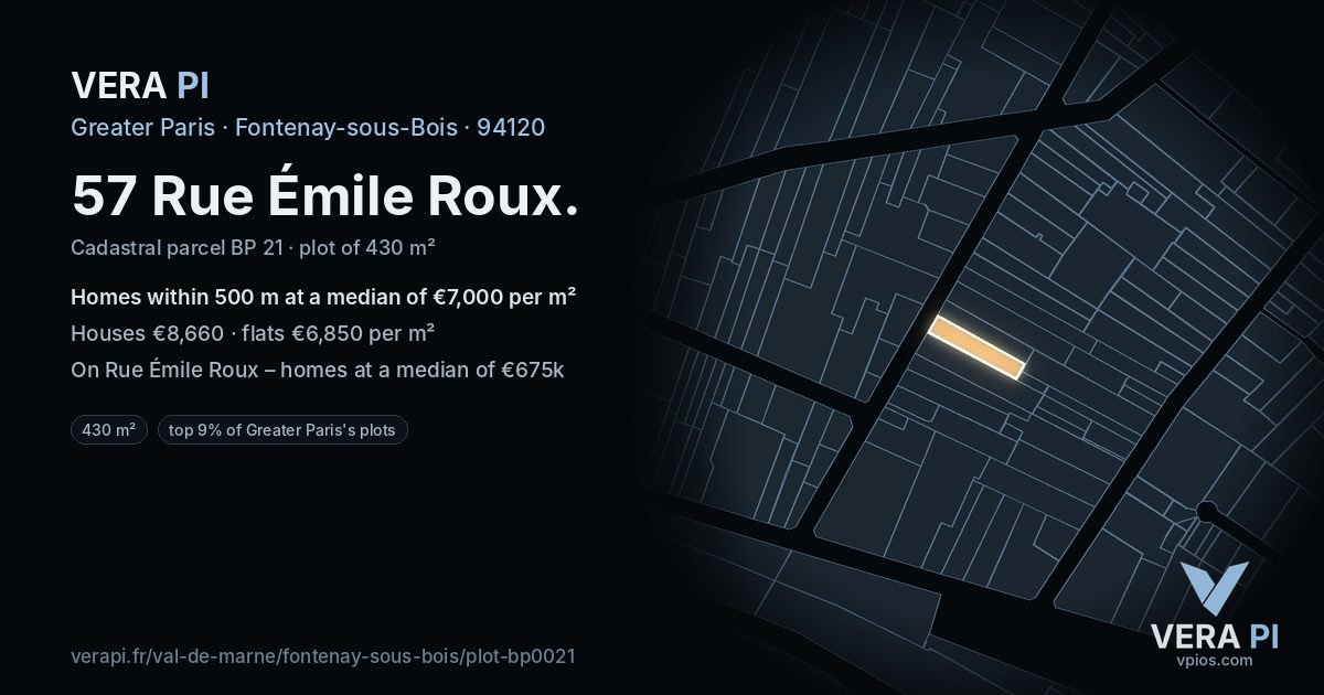57 Rue Émile Roux, Fontenay-sous-Bois at night – the plot lit, the parcels around coloured by the prices near them