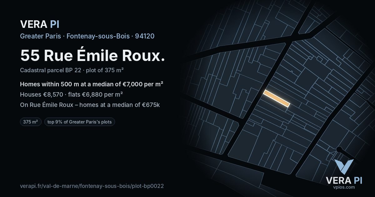 55 Rue Émile Roux, Fontenay-sous-Bois at night – the plot lit, the parcels around coloured by the prices near them