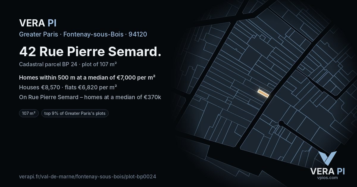 42 Rue Pierre Semard, Fontenay-sous-Bois at night – the plot lit, the parcels around coloured by the prices near them