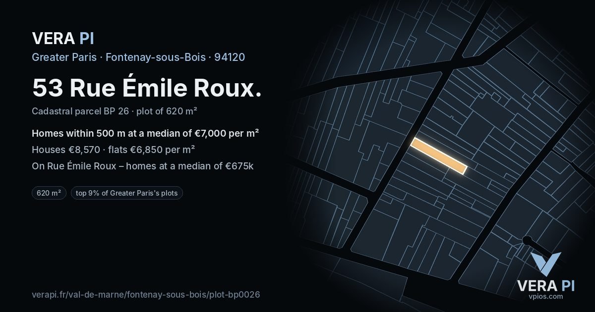 53 Rue Émile Roux, Fontenay-sous-Bois at night – the plot lit, the parcels around coloured by the prices near them