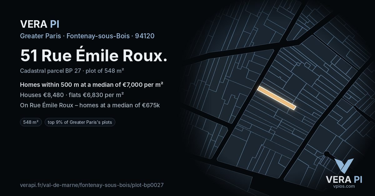 51 Rue Émile Roux, Fontenay-sous-Bois at night – the plot lit, the parcels around coloured by the prices near them