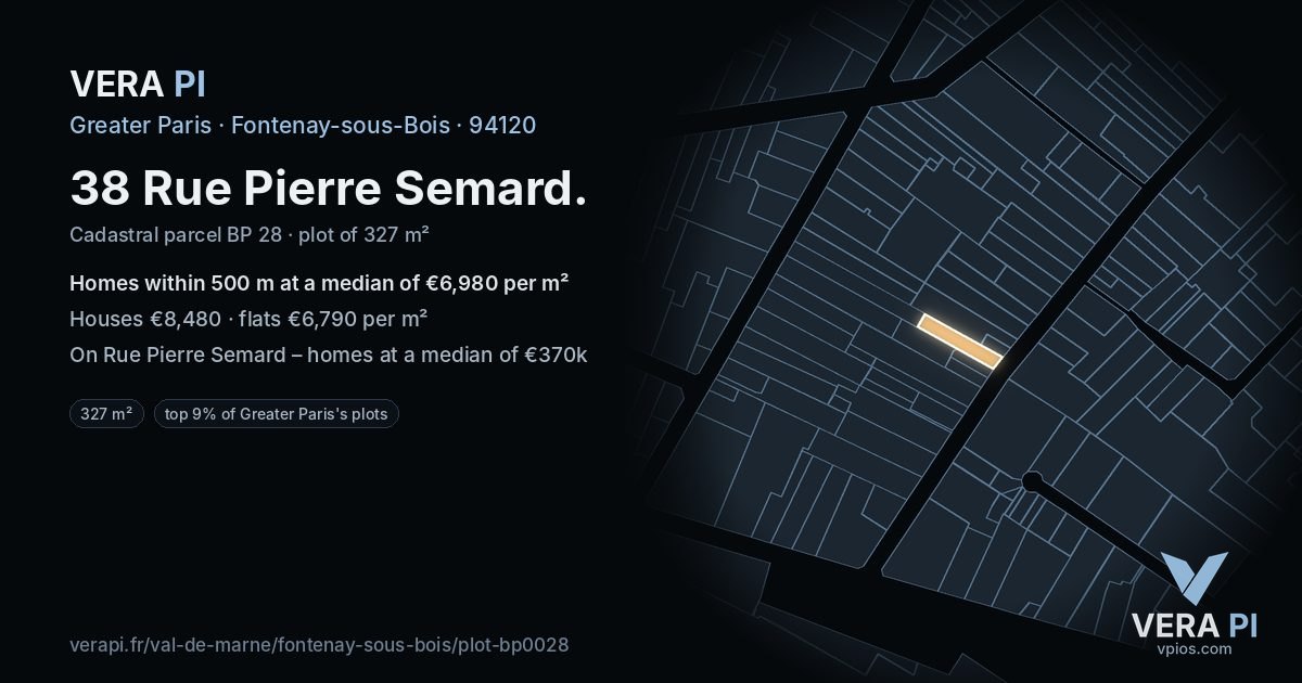 38 Rue Pierre Semard, Fontenay-sous-Bois at night – the plot lit, the parcels around coloured by the prices near them