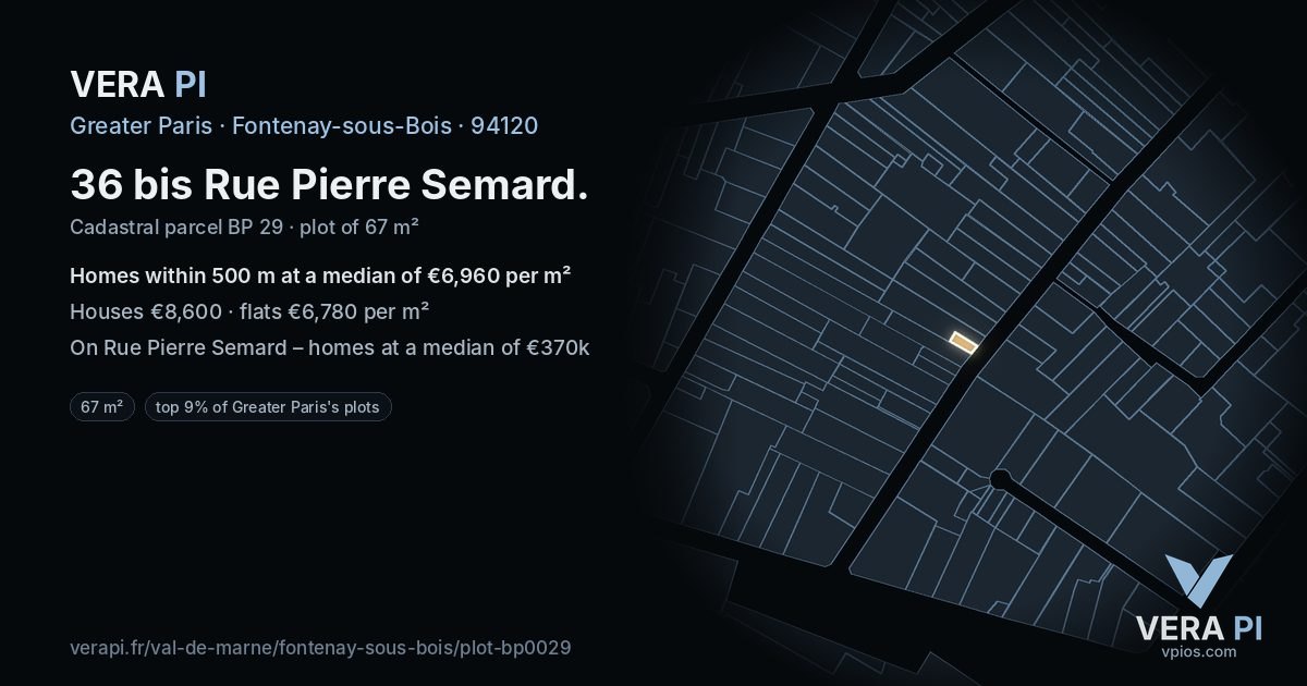 36 bis Rue Pierre Semard, Fontenay-sous-Bois at night – the plot lit, the parcels around coloured by the prices near them