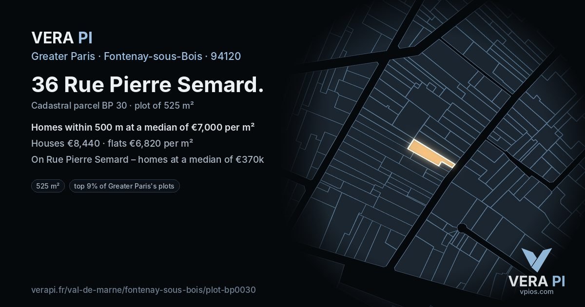36 Rue Pierre Semard, Fontenay-sous-Bois at night – the plot lit, the parcels around coloured by the prices near them