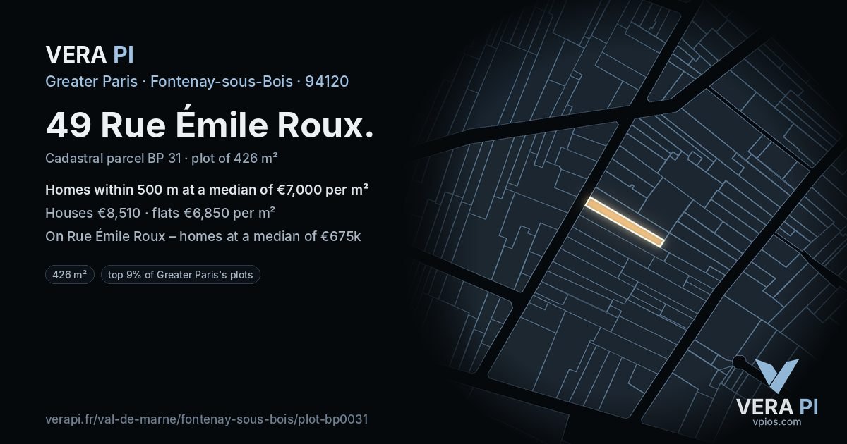 49 Rue Émile Roux, Fontenay-sous-Bois at night – the plot lit, the parcels around coloured by the prices near them