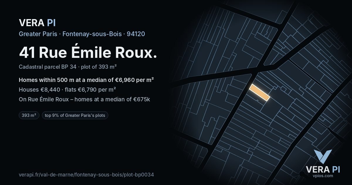 41 Rue Émile Roux, Fontenay-sous-Bois at night – the plot lit, the parcels around coloured by the prices near them