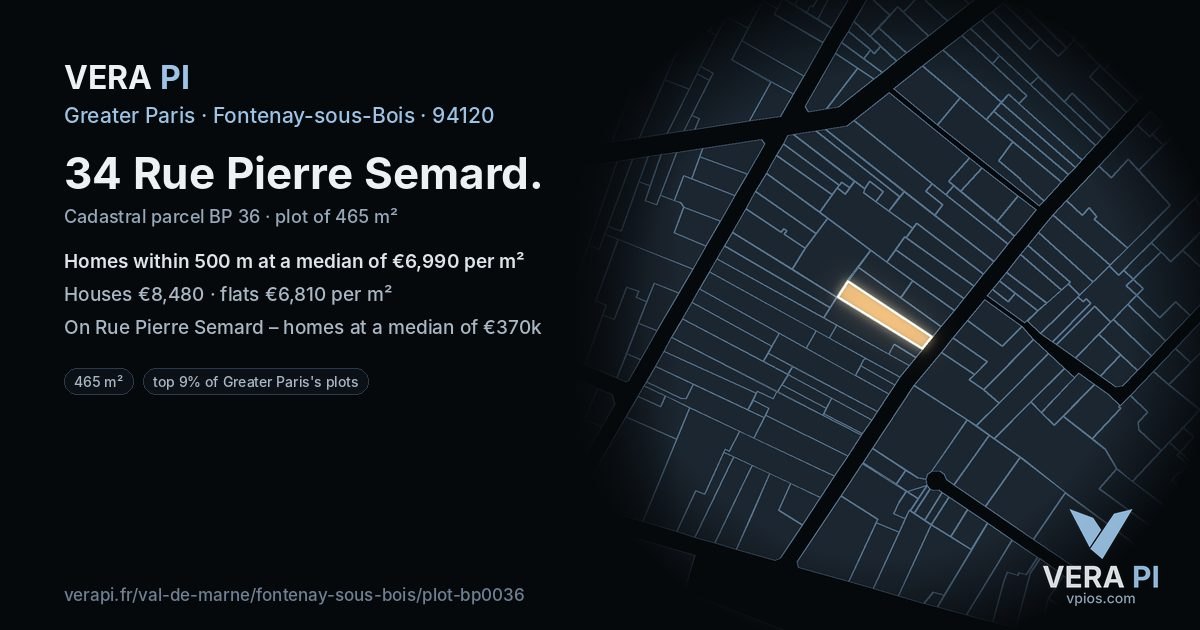 34 Rue Pierre Semard, Fontenay-sous-Bois at night – the plot lit, the parcels around coloured by the prices near them
