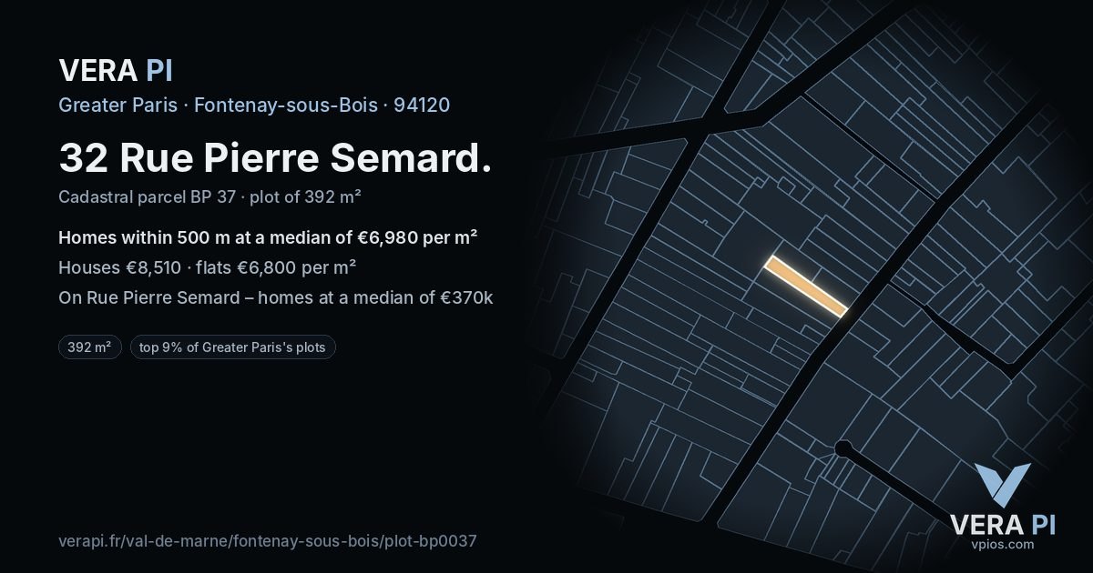 32 Rue Pierre Semard, Fontenay-sous-Bois at night – the plot lit, the parcels around coloured by the prices near them
