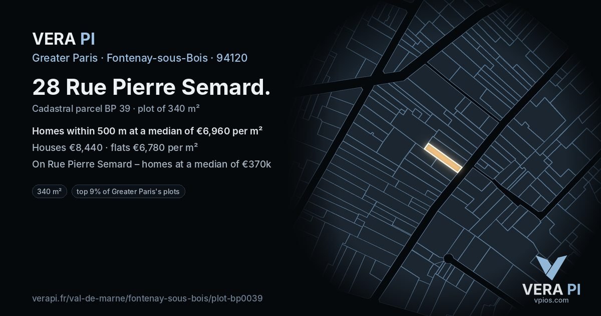 28 Rue Pierre Semard, Fontenay-sous-Bois at night – the plot lit, the parcels around coloured by the prices near them