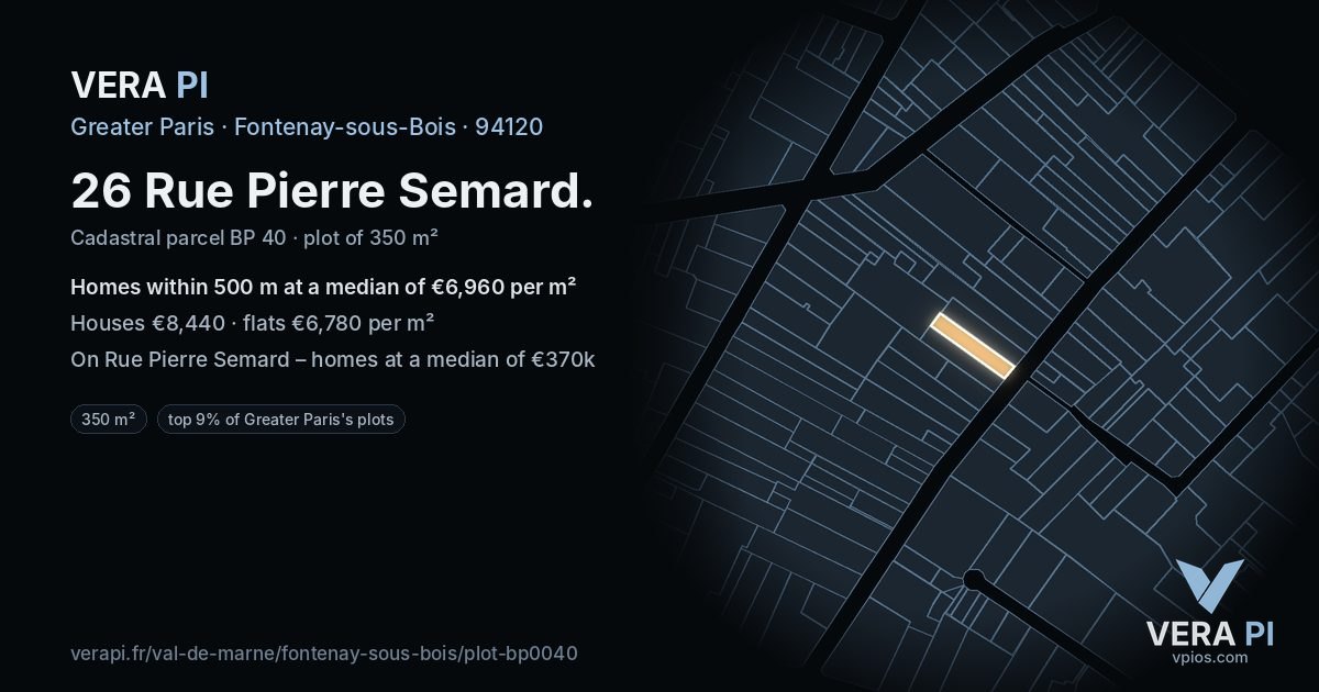 26 Rue Pierre Semard, Fontenay-sous-Bois at night – the plot lit, the parcels around coloured by the prices near them