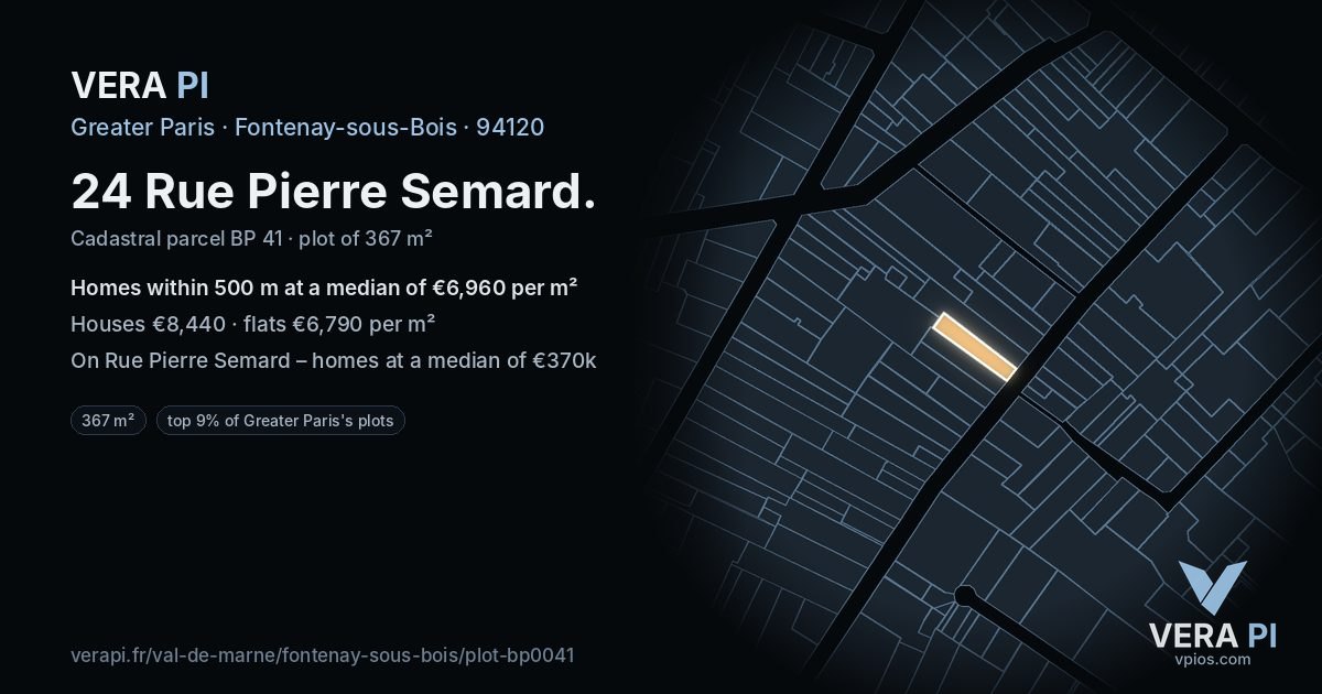 24 Rue Pierre Semard, Fontenay-sous-Bois at night – the plot lit, the parcels around coloured by the prices near them