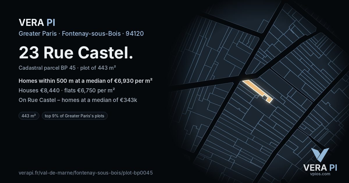 23 Rue Castel, Fontenay-sous-Bois at night – the plot lit, the parcels around coloured by the prices near them