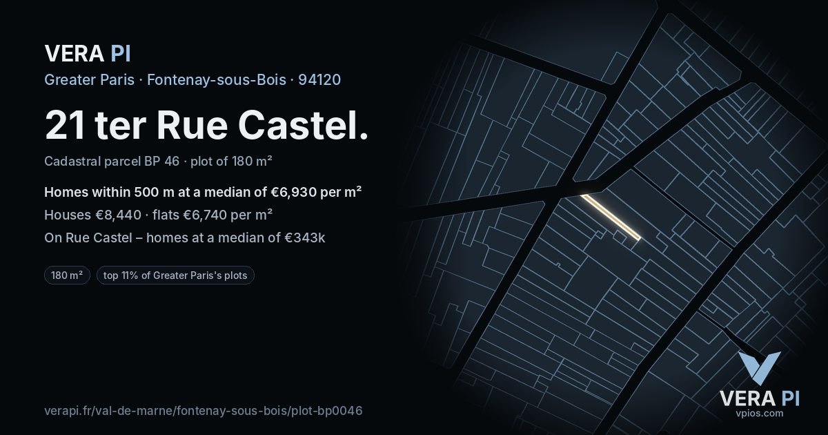 21 ter Rue Castel, Fontenay-sous-Bois at night – the plot lit, the parcels around coloured by the prices near them