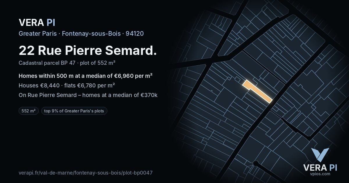 22 Rue Pierre Semard, Fontenay-sous-Bois at night – the plot lit, the parcels around coloured by the prices near them
