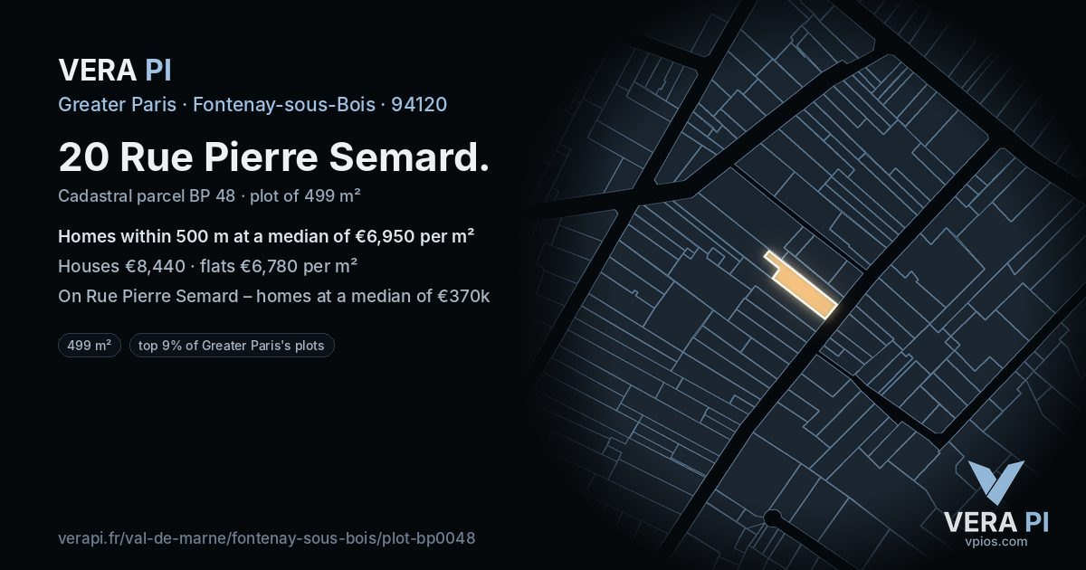 20 Rue Pierre Semard, Fontenay-sous-Bois at night – the plot lit, the parcels around coloured by the prices near them
