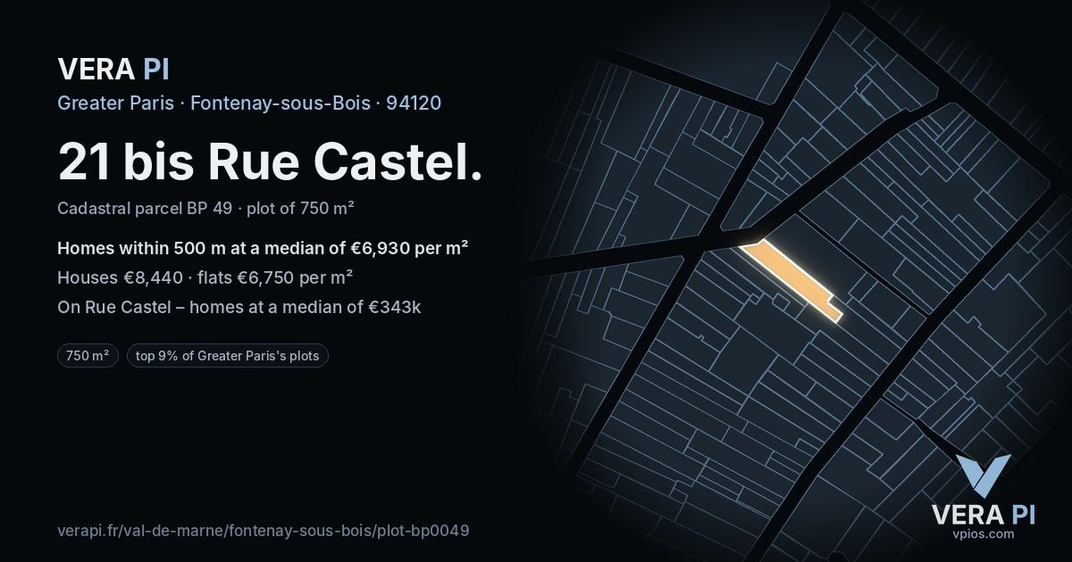 21 bis Rue Castel, Fontenay-sous-Bois at night – the plot lit, the parcels around coloured by the prices near them