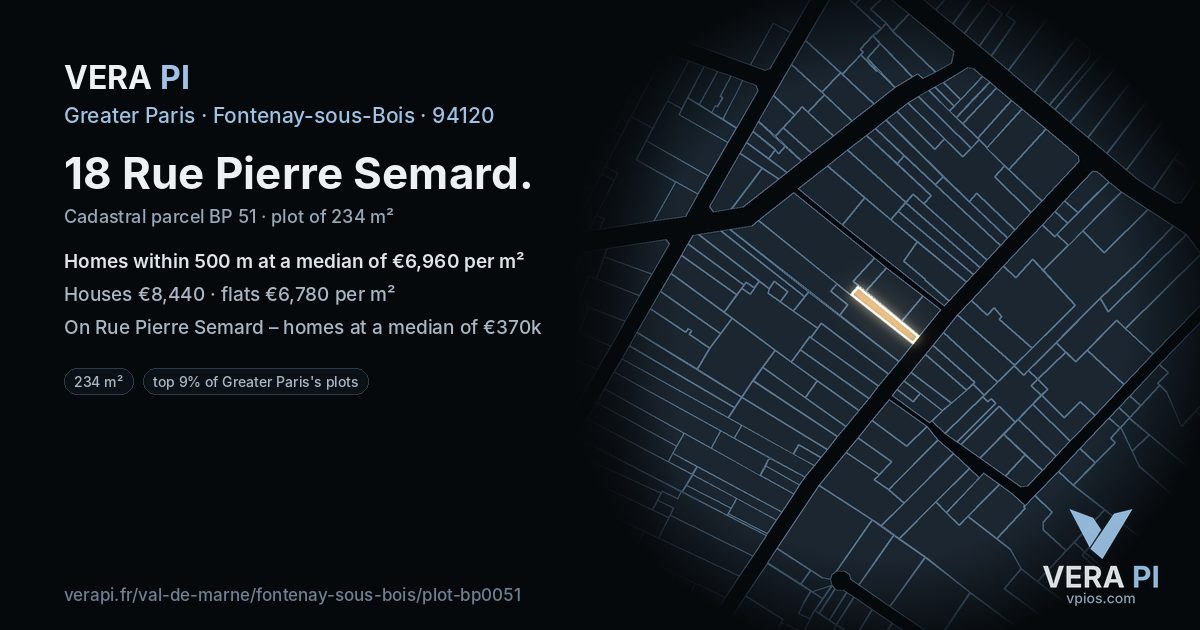 18 Rue Pierre Semard, Fontenay-sous-Bois at night – the plot lit, the parcels around coloured by the prices near them