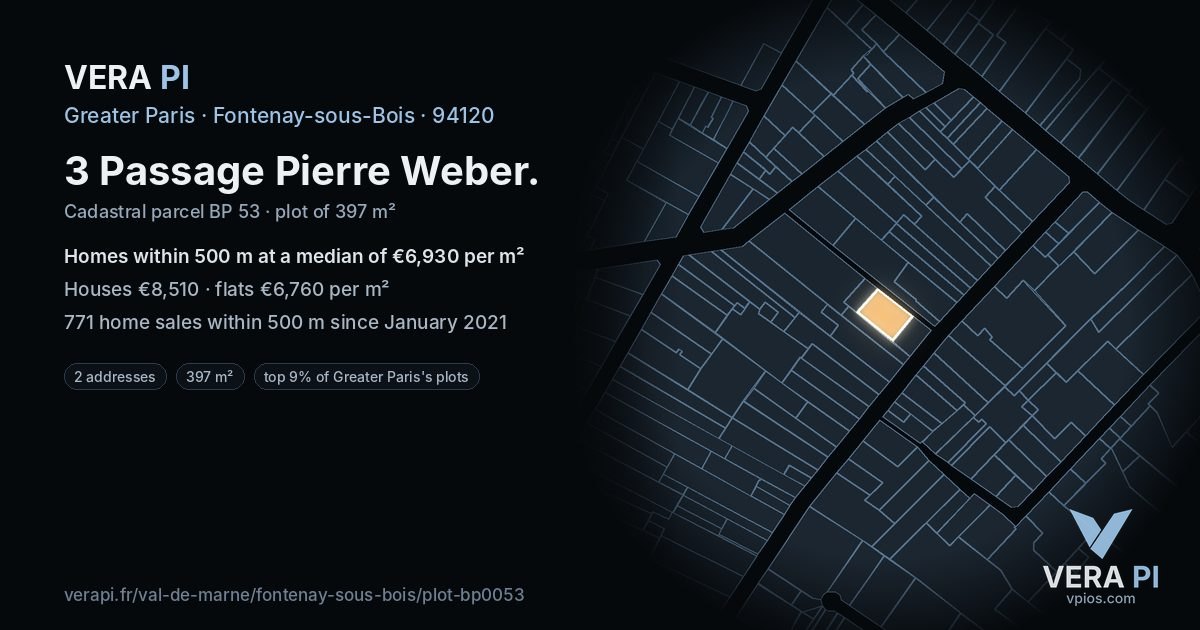 3 Passage Pierre Weber, Fontenay-sous-Bois at night – the plot lit, the parcels around coloured by the prices near them