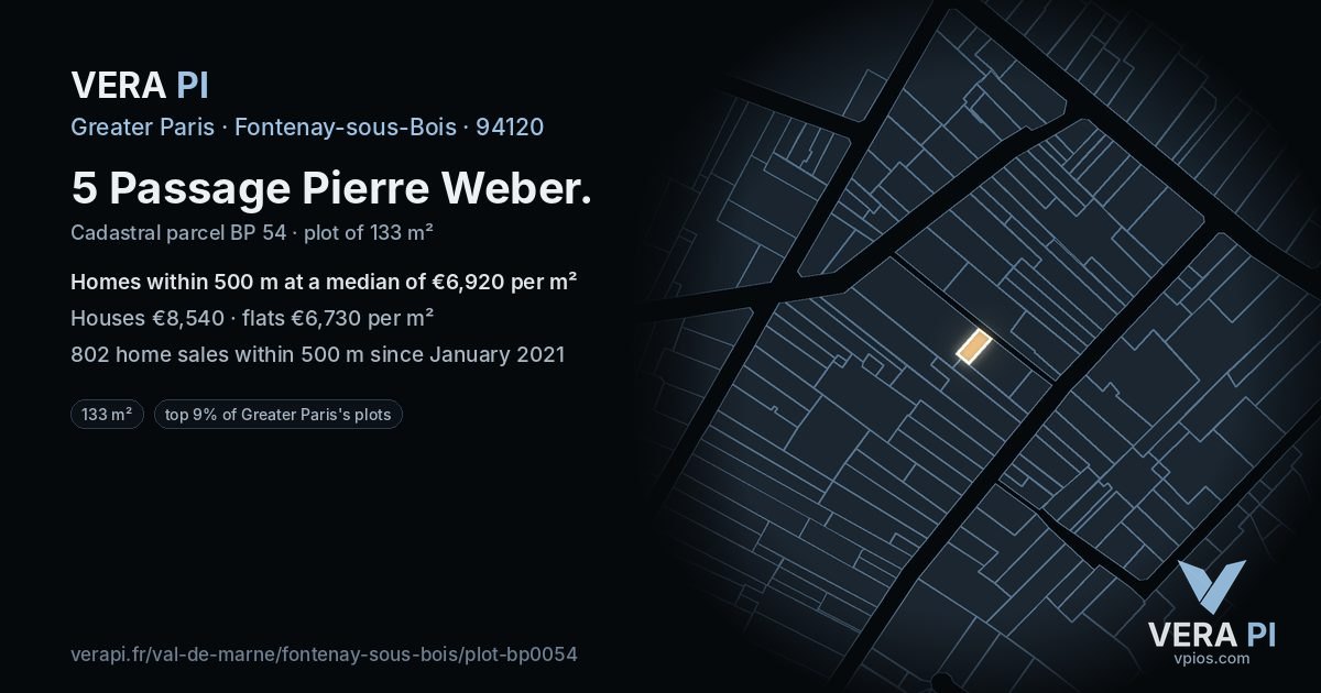 5 Passage Pierre Weber, Fontenay-sous-Bois at night – the plot lit, the parcels around coloured by the prices near them