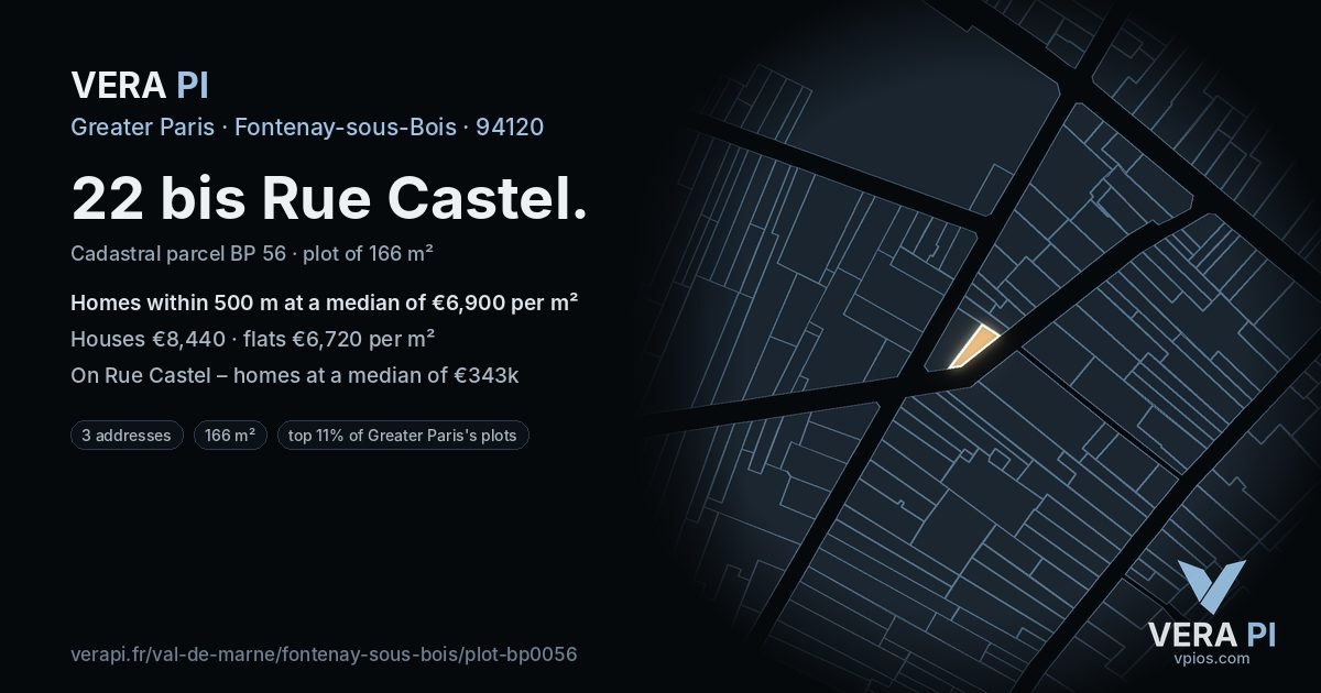 22 bis Rue Castel, Fontenay-sous-Bois at night – the plot lit, the parcels around coloured by the prices near them