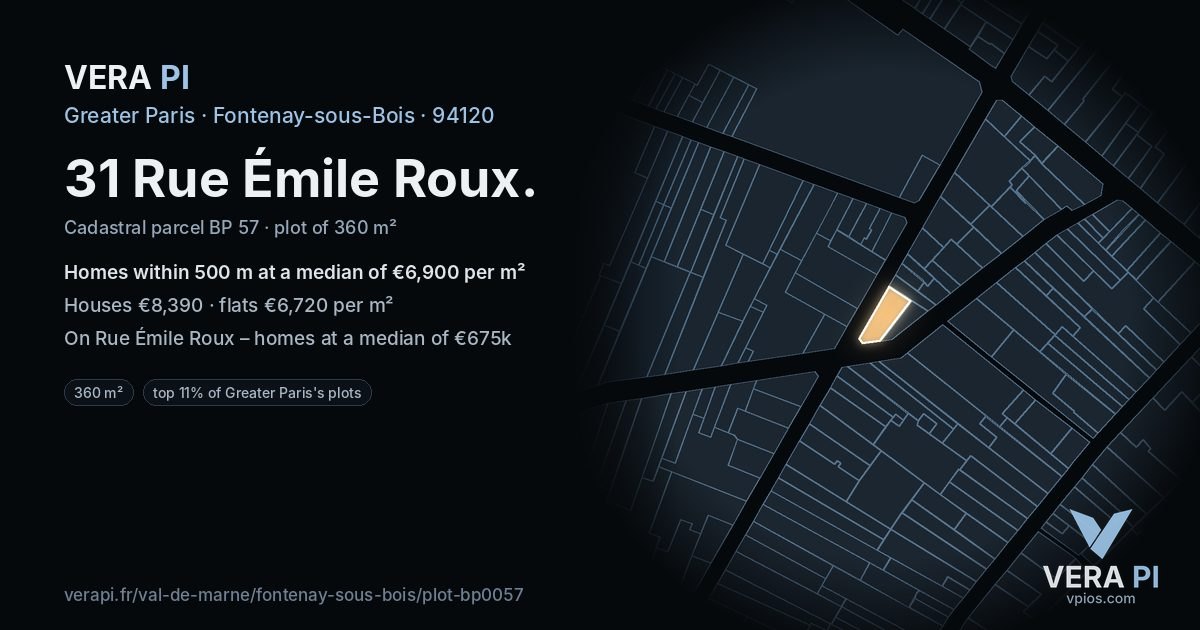 31 Rue Émile Roux, Fontenay-sous-Bois at night – the plot lit, the parcels around coloured by the prices near them