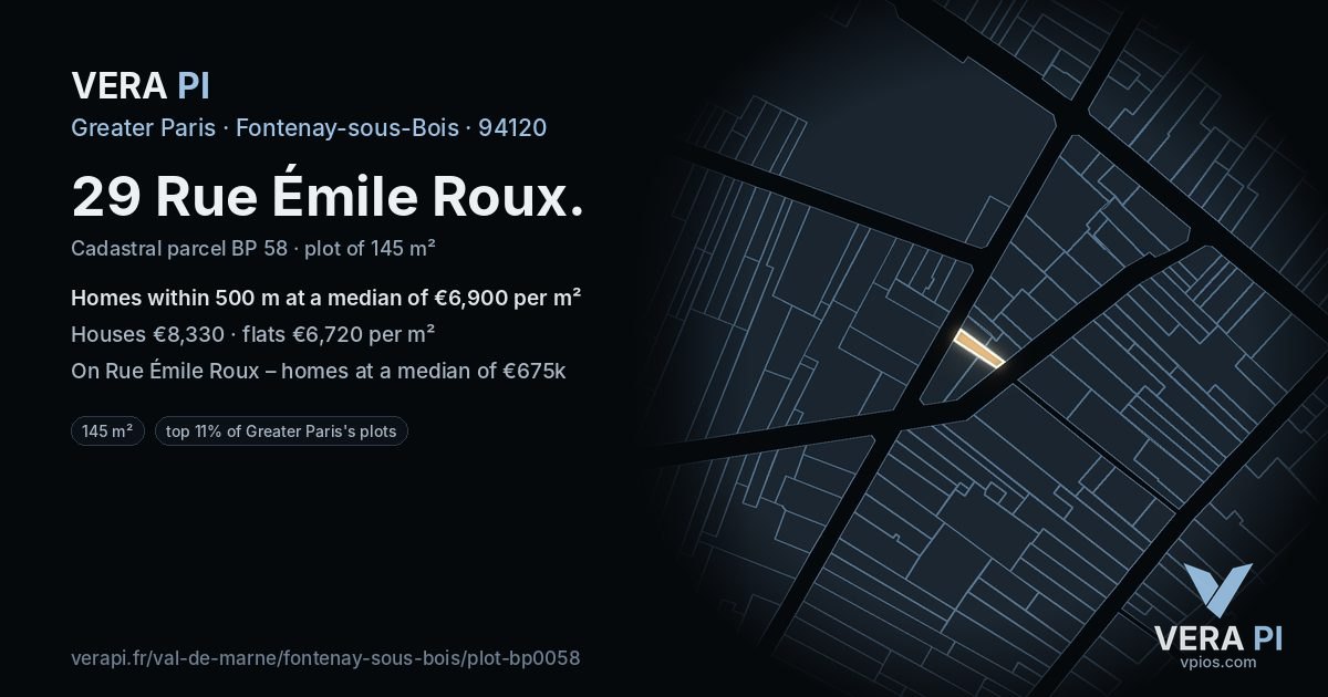 29 Rue Émile Roux, Fontenay-sous-Bois at night – the plot lit, the parcels around coloured by the prices near them