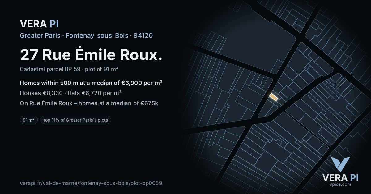 27 Rue Émile Roux, Fontenay-sous-Bois at night – the plot lit, the parcels around coloured by the prices near them