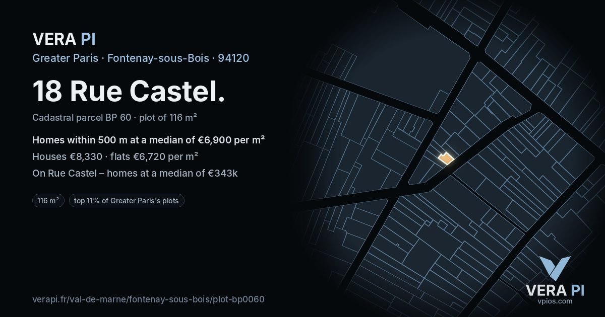 18 Rue Castel, Fontenay-sous-Bois at night – the plot lit, the parcels around coloured by the prices near them