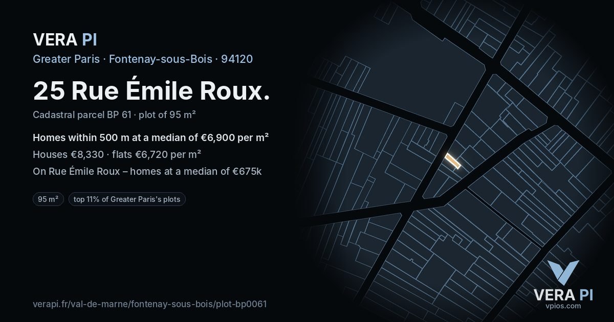 25 Rue Émile Roux, Fontenay-sous-Bois at night – the plot lit, the parcels around coloured by the prices near them