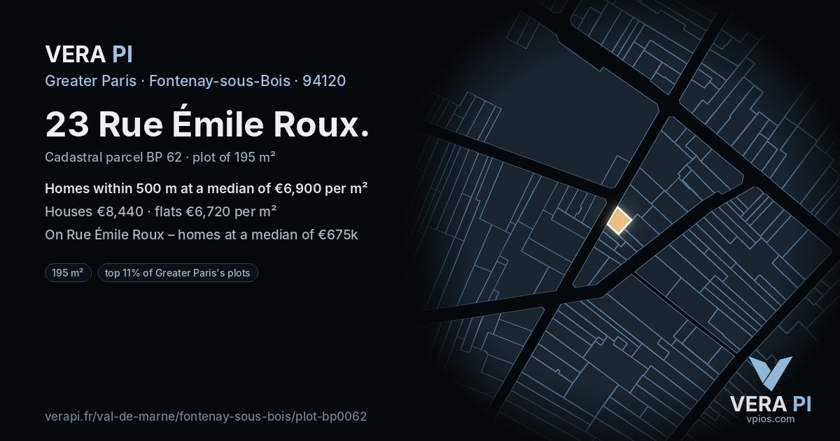 23 Rue Émile Roux, Fontenay-sous-Bois at night – the plot lit, the parcels around coloured by the prices near them