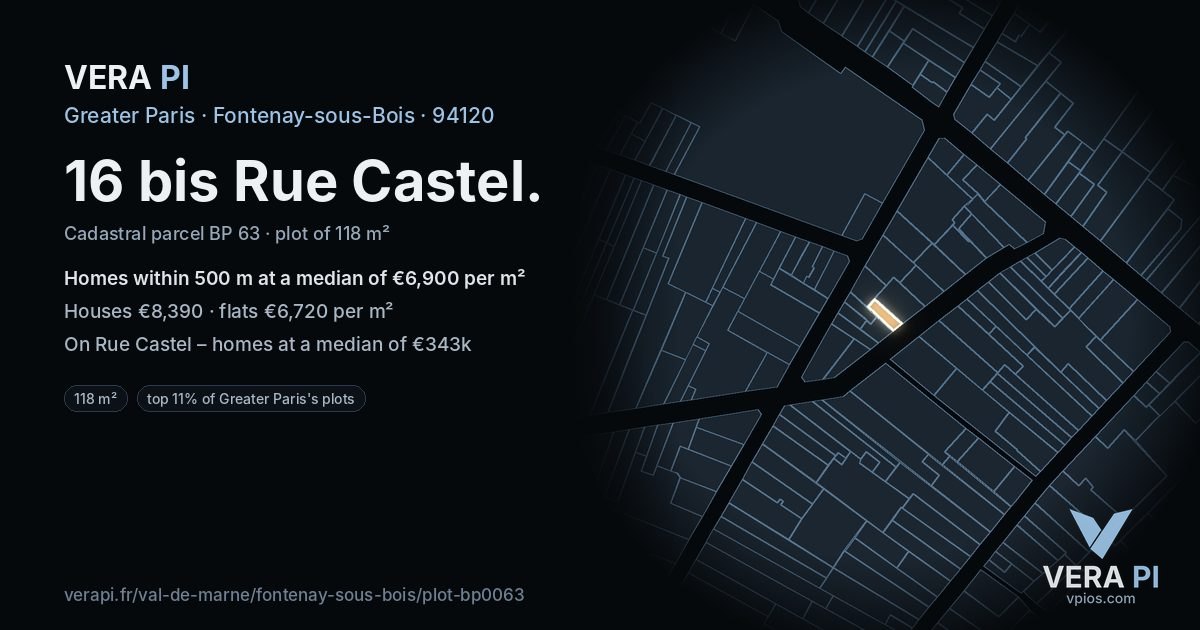 16 bis Rue Castel, Fontenay-sous-Bois at night – the plot lit, the parcels around coloured by the prices near them