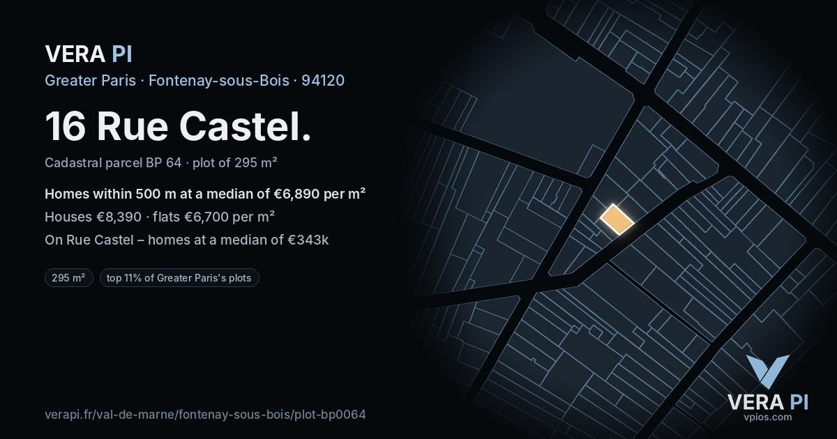 16 Rue Castel, Fontenay-sous-Bois at night – the plot lit, the parcels around coloured by the prices near them